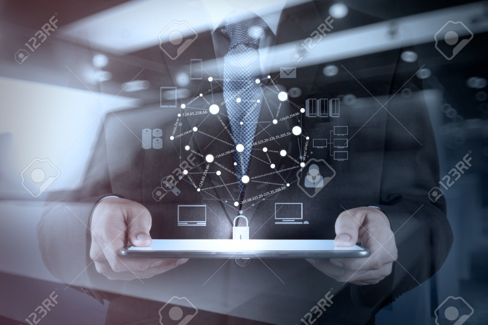 Double exposure of businessman working with new modern computer